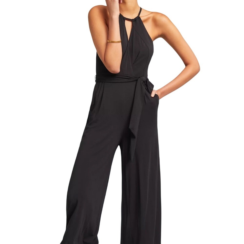 MAEVE Anthropologie Black V-neckline Bionda‎ Plisse Halter Jumpsuit